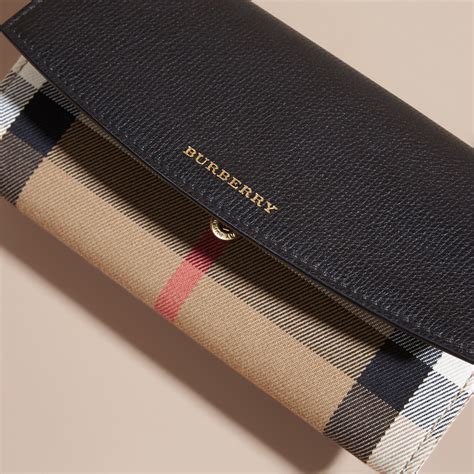 burberry house check and leather continental wallet in black|Burberry checkbook cover.